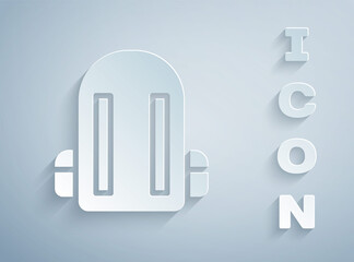 Paper cut School backpack icon isolated on grey background. Paper art style. Vector Illustration.