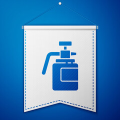 Blue Garden sprayer for water, fertilizer, chemicals icon isolated on blue background. White pennant template. Vector Illustration.