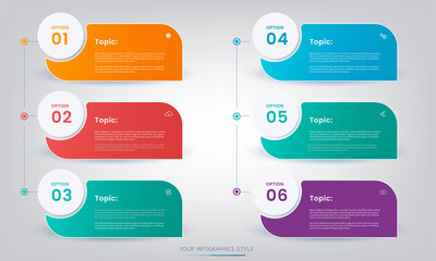 6 panels info graphic grey background. Business workflows. Process chart. Abstract elements of graph, diagram with steps, options, parts or processes. Vector business template for presentation. 