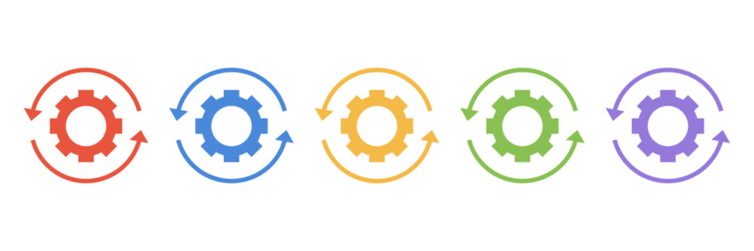MobileSet gears with arrows in a circle icon isolated on white background. Gearwheel Rotation Direction vector icon. Vector flat illustration.
