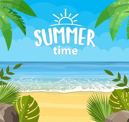 Fototapeta na wymiar Tropical beach. Summer landscape. Sandy beach under the bright sun. Vector illustration in flat style