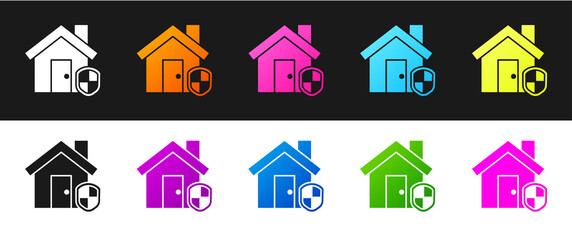 Obraz premium Set House under protection icon isolated on black and white background. Home and shield. Protection, safety, security, protect, defense concept. Vector Illustration.