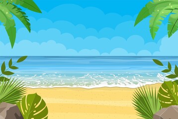 Tropical beach. Summer landscape. Sandy beach under the bright sun. Vector illustration in flat style