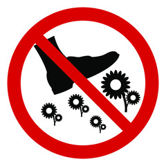 Red round prohibition sign, do not walk on lawns and flowers, for design, vector illustration