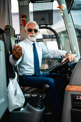Mature beard bus driver sitting in bus.