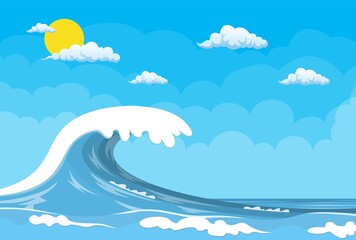 Big ocean wave. Summer landscape with sun and cloud. Vector illustration in flat style