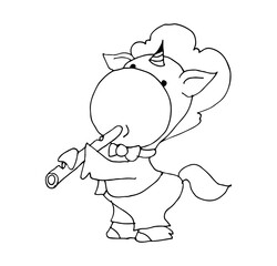 Coloring book for kids - baby unicorn plays the pipe. Black and white cute cartoon unicorns. Vector illustration.