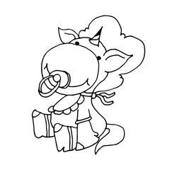 Coloring book for kids - baby unicorn in a bib and with a pacifier. Black and white cute cartoon unicorns. Vector illustration.	