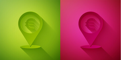 Paper cut Cash location pin icon isolated on green and pink background. Pointer and euro symbol. Money location. Business and investment concept. Paper art style. Vector Illustration.