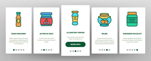 Fototapeta na wymiar Pickled Product Food Onboarding Mobile App Page Screen Vector. Pickled Berry And Fruit, Vegetables And Juice, Tomato And Cherry, Banana And Peach In Jar Illustrations