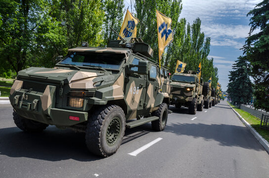 Military march of Ukranian soldiers in the Mariupol, Ukraine. Jun, 2016