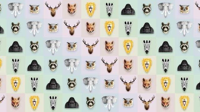 Collection of different animals. Zoo symbol. Low polygon icons. Lion, Gorilla, Zebra, Raccoon, Fox, Elephant, Deer, Owl. Geometric loop animation set.