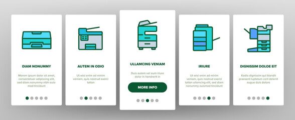 Photocopier Device Onboarding Mobile App Page Screen Vector. Professional Photocopier And Scanner Equipment And Ink, Electronic Multifunctional Printer Illustrations