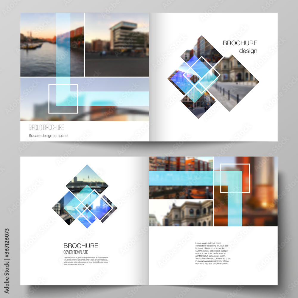 Poster the vector illustration of the editable layout of two covers templates for square design bifold broc