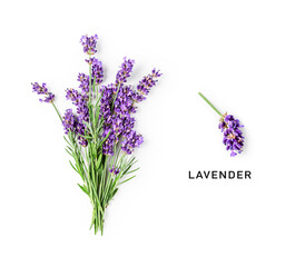 Lavender flowers and leaves creative layout.