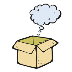 Opened box with speech bubble, vector illustration of cardboard box with surprise isolated on white background