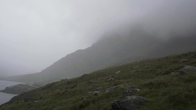 Tryfan mountain in Snowdonia covered in rain cloud