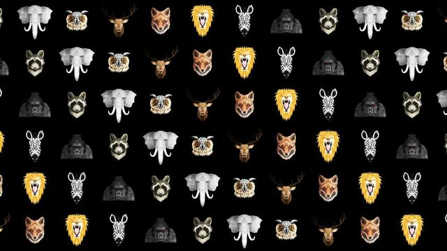 Collection of different animals. Zoo symbol. Low polygon icons. Lion, Gorilla, Zebra, Raccoon, Fox, Elephant, Deer, Owl. Geometric loop animation set.