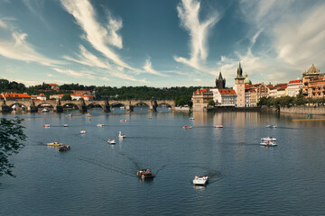 Naklejka premium View of Charles Bridge and the river in Prague in summer