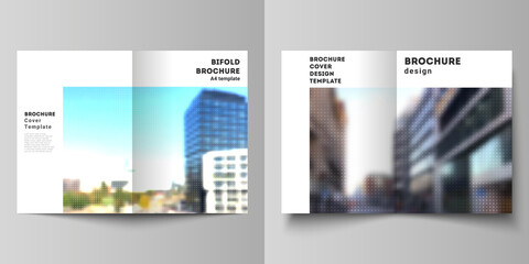 Vector layout of two A4 cover mockups design templates for bifold brochure, flyer, cover design, book design, brochure cover. Abstract halftone effect decoration with dots. Dotted pattern decoration.