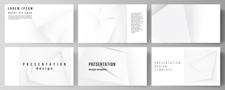 Vector layout of the presentation slides design templates, multipurpose template for presentation brochure, brochure cover. Halftone dotted background with gray dots, abstract gradient background