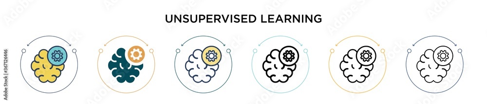 Poster unsupervised learning icon in filled, thin line, outline and stroke style. vector illustration of tw