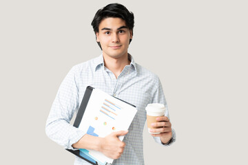Latin Male Office Worker With Caffeine In Disposable Cup
