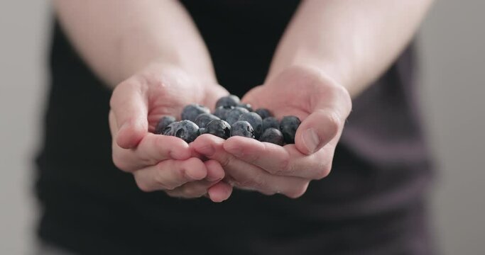 Slow motion man hands show wet washed ripe blueberries on neutral background