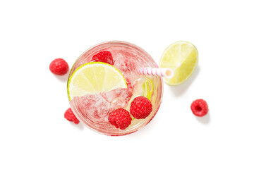 Raspberry crushed ice cold refreshing cocktail with fresh berries and lime. top view . isolated on a white background