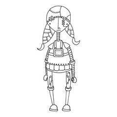 Vector illustration of a girl robot. Cartoon isolated on white background. Black outline. Hand drawing coloring book for children and adults. Design for cards, flyers, brochures. Vector. Eps 8.