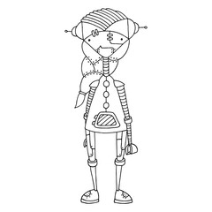 Vector illustration of a girl robot. Cartoon isolated on white background. Black outline. Hand drawing coloring book for children and adults. Design for cards, flyers, brochures. Vector. Eps 8.