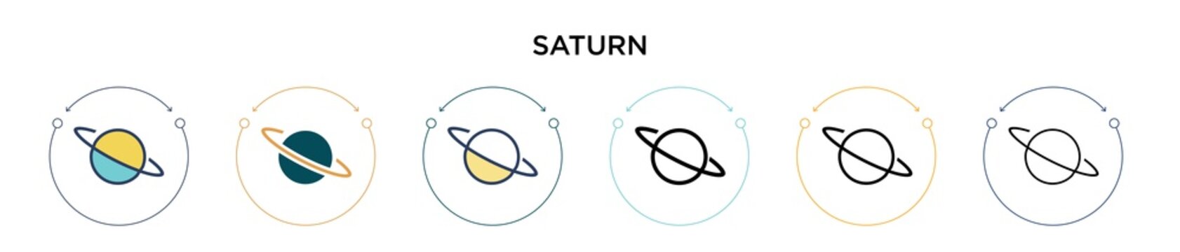 Saturn icon in filled, thin line, outline and stroke style. Vector illustration of two colored and black saturn vector icons designs can be used for mobile, ui, web