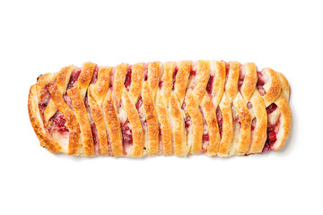 Braided raspberry danish pastry with glaze and fresh berries. isolated on a white background
