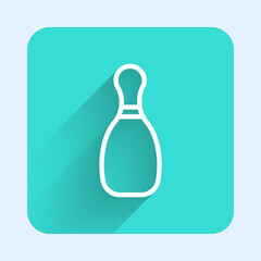 White line Bowling pin icon isolated with long shadow. Green square button. Vector Illustration.