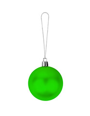 One green glass ball on white background isolated closeup, Сhristmas tree decoration, single shiny round bauble, traditional new year holiday decor design element, decorative colorful xmas hanging toy