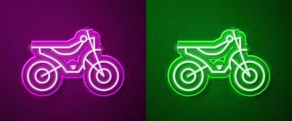 Glowing neon line Mountain bike icon isolated on purple and green background. Vector Illustration.