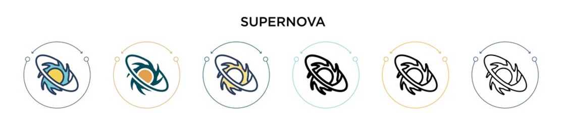 Supernova icon in filled, thin line, outline and stroke style. Vector illustration of two colored and black supernova vector icons designs can be used for mobile, ui, web