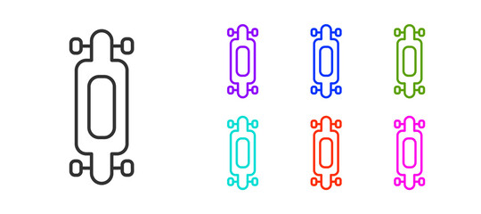 Black line Longboard or skateboard cruiser icon isolated on white background. Extreme sport. Sport equipment. Set icons colorful. Vector Illustration.