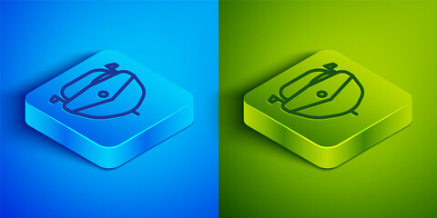 Isometric line Speedboat icon isolated on blue and green background. Square button. Vector Illustration.