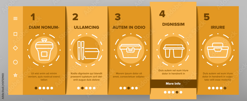 Poster food container package onboarding mobile app page screen vector. plastic container for transportatio