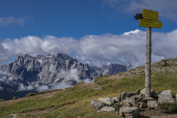 Waymark on the Carnic Peace Trail from Sillianer refuge to Obstansersee refuge along the Carnic Alps high ridge, along the Austria-Italian border, Carnic Highroute trek, South Tirol, Austria.