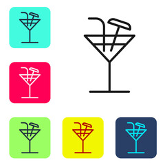 Black line Cocktail icon isolated on white background. Set icons in color square buttons. Vector Illustration.