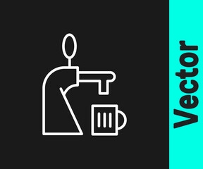 White line Beer tap with glass icon isolated on black background. Vector Illustration.