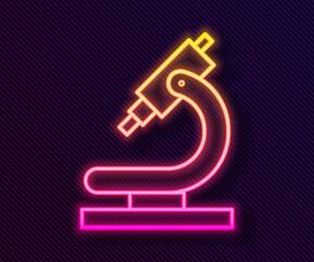Glowing neon line Microscope icon isolated on black background. Chemistry, pharmaceutical instrument, microbiology magnifying tool. Vector Illustration.