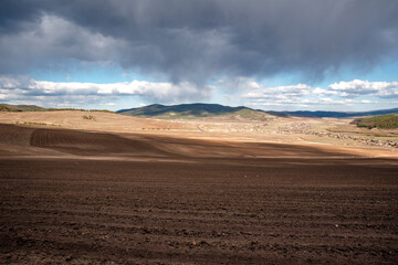 Fototapeta na wymiar plowed field, arable land, blue sky with clouds, landscape