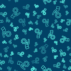 Green line Settings in the hand icon isolated seamless pattern on blue background. Vector Illustration.