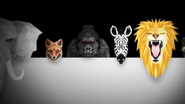 Collection of different animals. Zoo symbol. Low polygon icons. Lion, Gorilla, Zebra, Raccoon, Fox, Elephant, Deer, Owl. Geometric loop animation set.