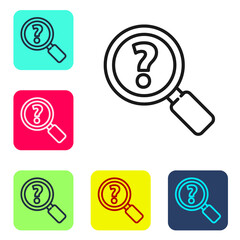 Black line Unknown search icon isolated on white background. Magnifying glass and question mark. Set icons in color square buttons. Vector Illustration.
