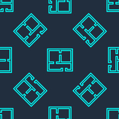Green line House plan icon isolated seamless pattern on blue background. Vector Illustration.