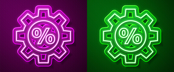 Glowing neon line Gear with percent icon isolated on purple and green background. Vector Illustration.